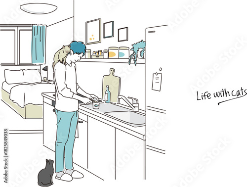 猫にごはんをあげる若い男性のイラスト素材