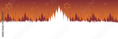 Serene vector scene of a snowy pine forest at dusk with stars and snowflakes for a greeting card.