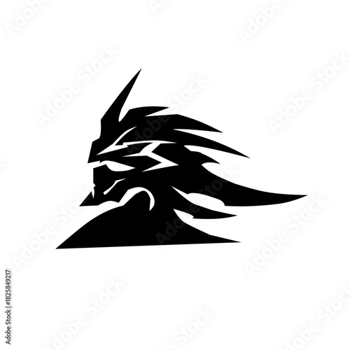 Aggressive, fast-moving black and white helmet/mask design with futuristic, sharp lines. Represents speed, combat, and an intense warrior spirit, ideal for gaming and sports.