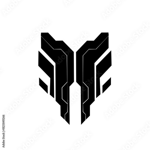 Futuristic black and white tech emblem or crest, resembling a powerful mask or wolf head. Sleek, sharp geometric design perfect for gaming, robotics, and cyber security branding.