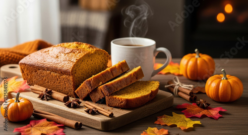 Thanksgiving pumpkin bread with seasonal decoration for cozy celebration. Thanksgiving celebration with fresh baked bread and steaming coffee,