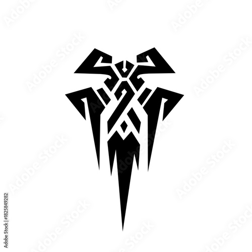 Intricate black and white tribal symbol resembling a stylized mask or mythical crest. A powerful, modern graphic design with sharp, dynamic edges and abstract knotwork.
