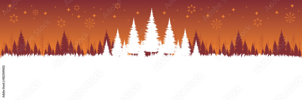 Obraz premium Wide screen holiday banner with a snowy winter forest and large white copy space for text.