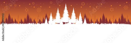 Wide screen holiday banner with a snowy winter forest and large white copy space for text.