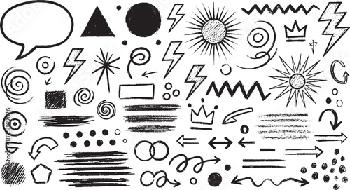 Hand-drawn doodle elements vector sketch illustration of arrows circles lines crowns and other abstract shapes background