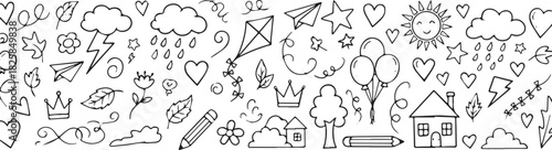 Doodle pattern with hand-drawn elements including weather nature and celebration icons perfect for backgrounds and creative projects