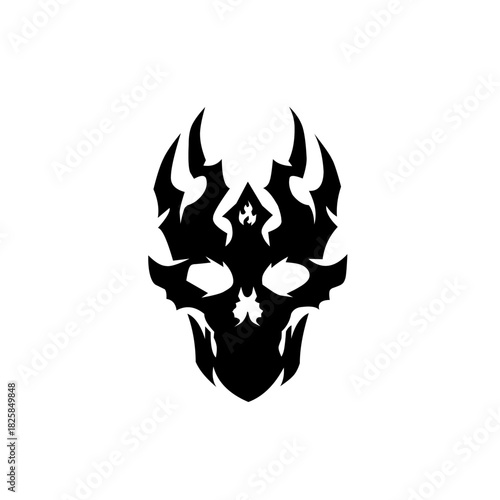 Dark tribal skull emblem with sharp, flame-like shapes forming an eerie and powerful silhouette, creating a bold and intense design with a mysterious, edgy atmosphere.