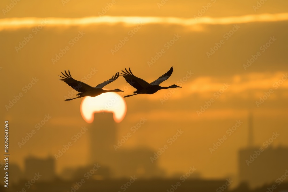 Naklejka premium Two majestic cranes soar gracefully across a vibrant golden sunset sky, silhouetted against the setting sun and an urban skyline, embodying freedom and natural beauty