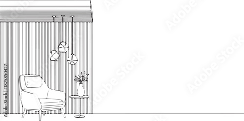 Sketch of a modern living room interior featuring an armchair side table with flowers and pendant lights for architectural visualization