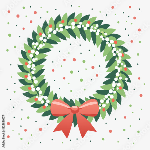 Festive Christmas Wreath Illustration with Red Bow and Colorful Confetti for Holiday Cheer