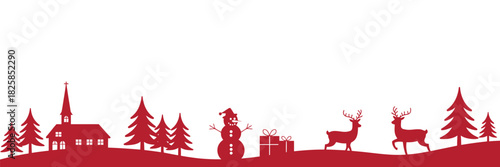 Christmas Landscape With Red Holiday Banner And Decorative Border, Festive Winter Background Designed For Seasonal Greeting Cards And Celebration Themes In Clean Modern Vector Illustration Style