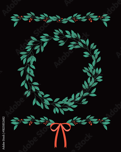 Festive Botanical Wreath and Garlands with Red Berries and Orange Bow. Christmas event frame.
