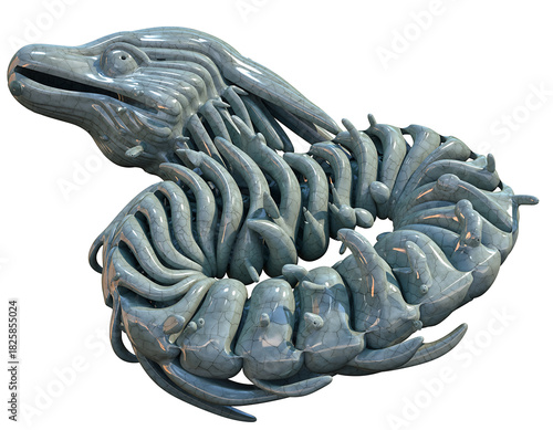Intricate 3D render of a coiled stone dragon skeleton sculpture isolated on a white background