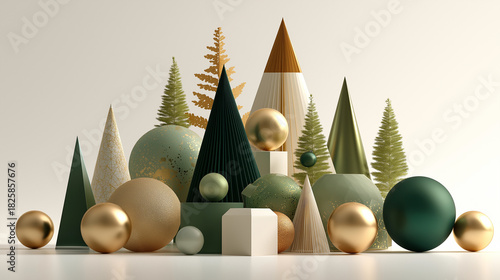 Abstract Festive Composition: A captivating ensemble of geometric shapes, rendered in harmonious shades, evoking a sense of celebration and modern art. 