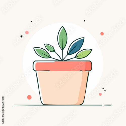 Simple Illustration Of A Potted Plant With Green Leaves In A Light Orange Pot Against A Pale Yellow Background With Soft Pink Circles