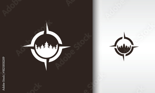 Compass Rose with Forest Silhouette Logo