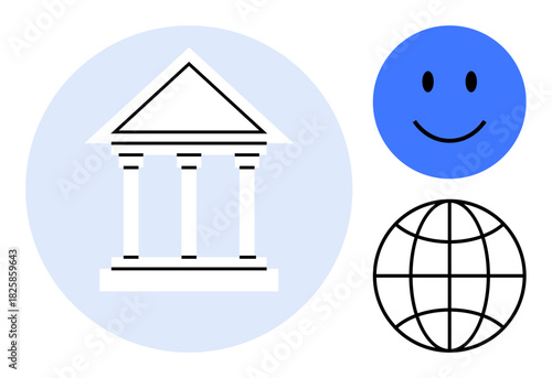 Banking concept. Banking symbols paired with global communication and a happy face icon for accessible services. Banking encourages trust, connectivity, and positive user relations. Financial