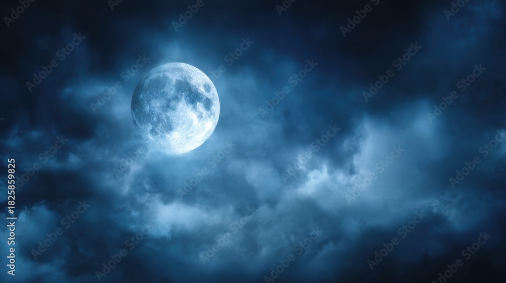 Fototapeta premium A luminous full moon glows in the night sky surrounded by wispy clouds. The scene captures the beauty of the moonlight against a backdrop of dark stormy weather creating a serene atmosphere.