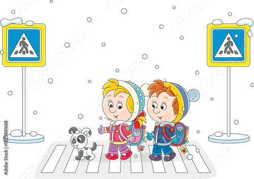 Cheerful little schoolboy and schoolgirl with backpacks and small puppy going to their school on a zebra crossing on a snowy winter day, vector cartoon illustration isolated on a white background