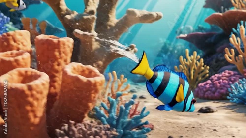 Vibrant Underwater Coral Reef Scene with Diverse Marine Life.