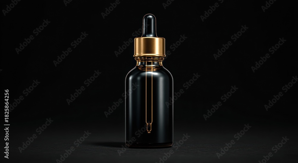 Fototapeta premium Black dropper bottle with gold accents against a dark background.