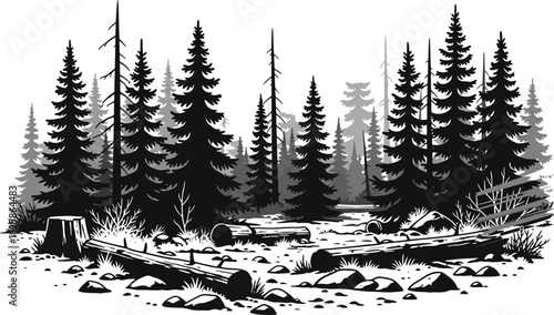 Monochrome forest illustration with fallen logs and evergreen trees