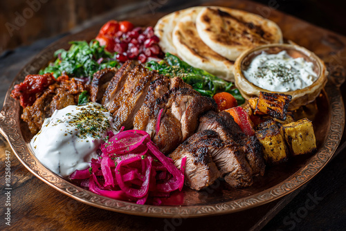 Traditional Turkish döner kebab plate, sliced meat, flatbread, yogurt, grilled vegetables, sumac onions, authentic copper plate, rustic wooden table