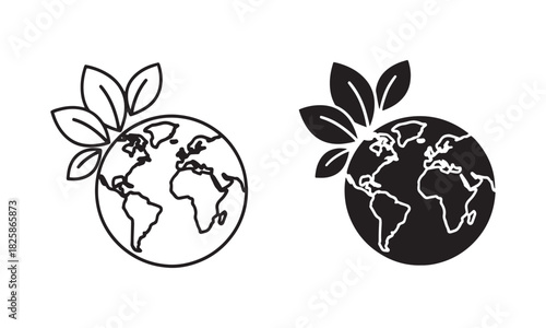 Sustainable Earth Icon in Outline and Solid Black. Globe with leaves sprouting Vector