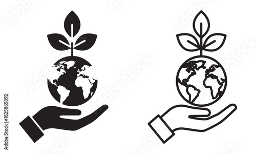 Responsible Globe Care Icons depicting a hand holding a globe with leaves sprouting in Outline and Solid Black Vector