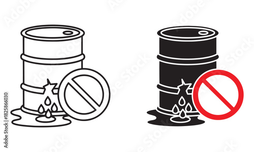 Toxic Waste Ban Icons in Outline and Solid Black. Chemical barrel leaking with prohibition sign Vector
