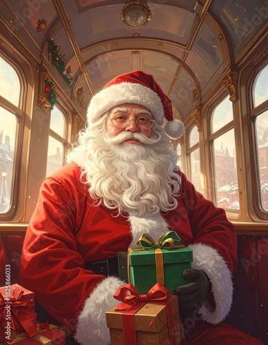 Santa sitting on a Christmas oriental express, whimsical and illustrative dreamy