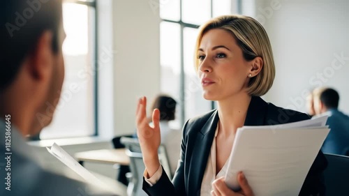 Businesswoman discussing project details with colleagues in modern office