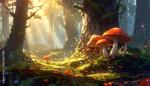 The red and white fungus, or Amanita muscaria, is a poisonous fungus commonly found in autumn forests