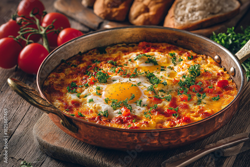 Turkish menemen, scrambled eggs with tomatoes and green peppers, served in a traditional copper pan, rustic breakfast table