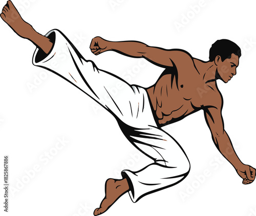 Capoeira fighter kicks in air vector on transparent martial arts training art