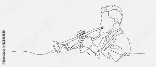 Continuous line drawing of a male musician with trumpet. Editable vector illustration.