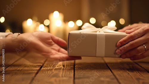 Gift box placed on wooden table with warm candlelight in background, hands reaching out to exchange the present, capturing the essence of giving and celebration
