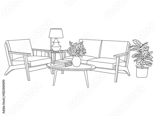 Sofa line art vector illustration, armchair, coffee table, lamp, books, and flower vase.
Perfect for interior design, decor projects, and vector artwork.