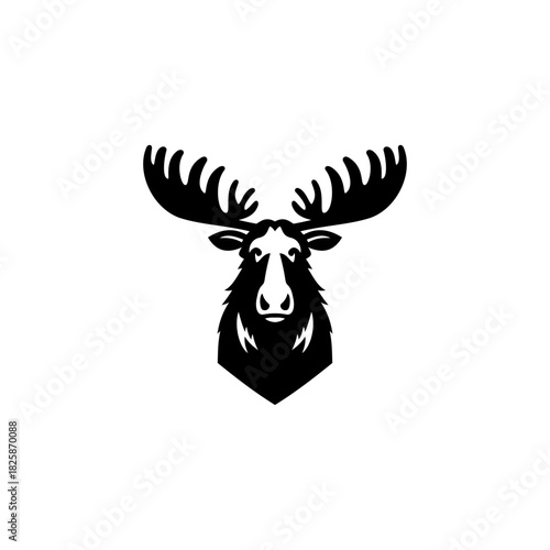 A bold, stylized moose head logo featuring large antlers, clean symmetrical lines in flat style 