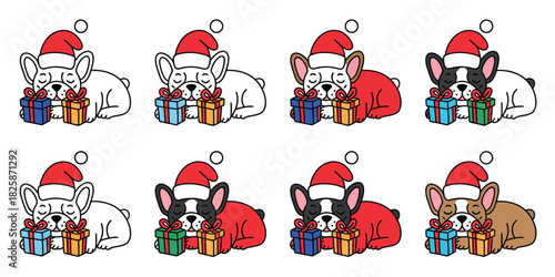 French Bulldog Puppy Sleeping Beside Christmas Gift Bag, Cute Santa-Style Holiday Character Drawn As Playful Cartoon Icon And Isolated Pet Symbol, Cozy Festive Doodle Artwork In Clean Vector Illustrat