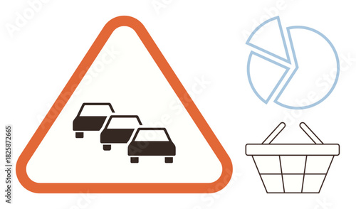 Warning triangle with car icons symbolizing traffic, pie chart, and a basket outline. Ideal for transportation, data analysis, shopping, risk management, planning economy and efficiency. Flat