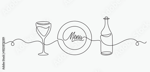 One continuous one line hand drawn menu, plate, bottle and glass, Simple sketch design isolated on white background. outline Vector illustration