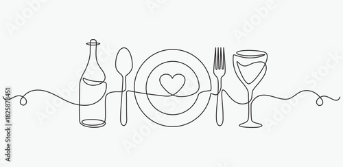 One continuous one line hand drawn plate, bottle, glass, spoon and fork Simple sketch design isolated on white background. outline Vector illustration