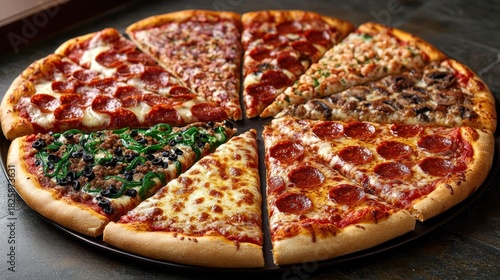 Assorted pizza slices on dark surface