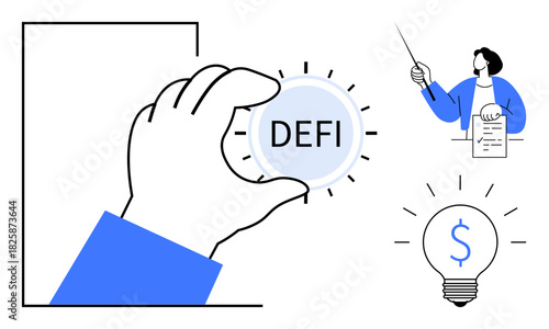 Hand holding DEFI coin, professional analyzing contract, and lit bulb symbolizing financial innovation and growth. Ideal for finance, technology, blockchain, business strategy, innovation