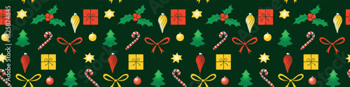 Vector seamless pattern of festive symbols - figures of Christmas trees, holly berries, presents, candy canes in flat style. Bright background and texture on theme New Year, xmas.