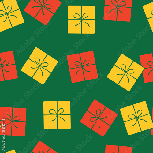 Seamless pattern of yellow and red gift box. Gift for Christmas, New year, party, celebration, special event like birthday, valentines day. Vector illustration in flat minimalistic style, Isolated