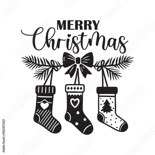 Merry Christmas design with stockings hanging from pine branches. Black and white vector illustration in cartoon style