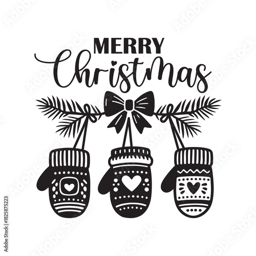 Cute Merry Christmas graphic featuring patterned mittens and seasonal decor in hand-drawn style. Black and white vector illustartion
