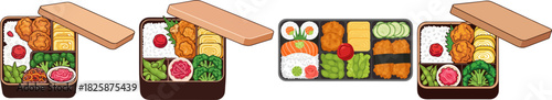 An appetizing visual display of beautifully packed Japanese bento lunch boxes featuring diverse and healthy dishes, including rice, sushi, fried chicken, and fresh produce, ready for enjoyment